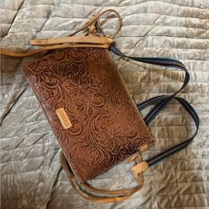 Consuela Brown Tooled Leather Crossbody with Striped Strap